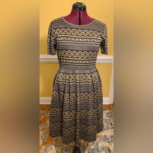 LuLaRoe Blue and Gold Patterned Midi Dress